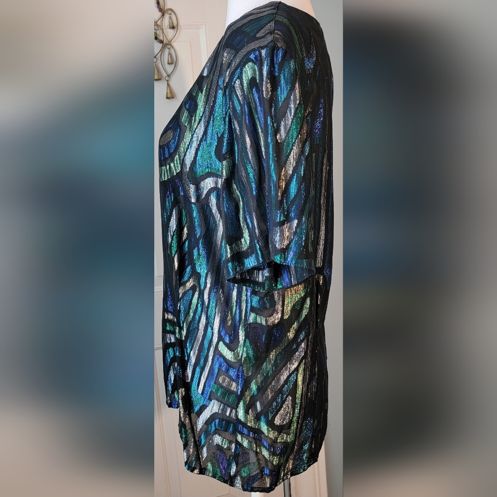 Christian Dior 80s Vintg Semi Sheer Blouse Womens 14 Black Multi Metallic Retro - Picture 3 of 13